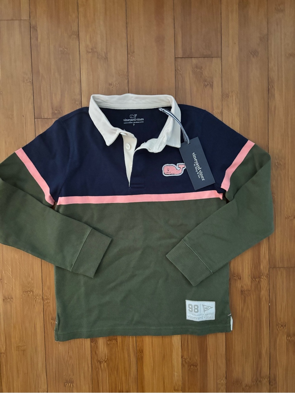 NWT Vineyard Vines Boys' Green & Navy Long-Sleeve Rugby Shirt with Pink Stripe